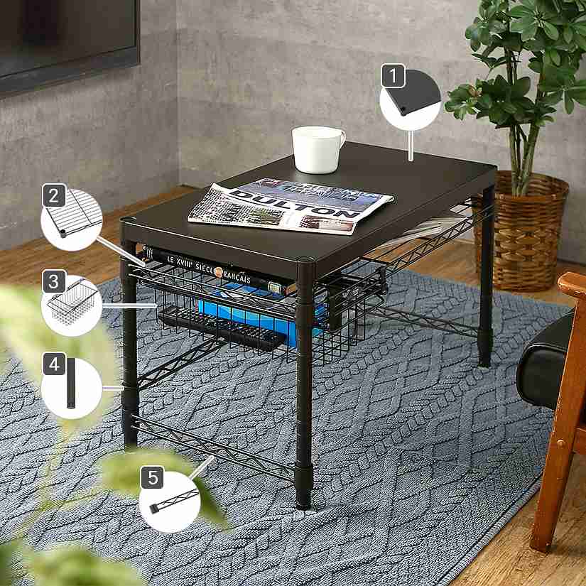 <span>一人部屋、一人暮らしにぴったりなローテーブルも！</span>小さめのお部屋にぴったりなローテーブルも、簡単に組みあがります。【使用パーツ (例) 】<a href="https://perfect-floors.jp/i/no8040-sd" target="_blank">①ソリッドシェルフ</a> <a href="https://perfect-floors.jp/i/no8040-ss" target="_blank">②ワイヤーシェルフ</a> <a href="https://perfect-floors.jp/i/nobs2510" target="_blank">③スライドバスケット</a> <a href="https://perfect-floors.jp/i/nop-050sl" target="_blank">④ポール</a> <a href="https://perfect-floors.jp/i/no25wb040" target="_blank">⑤ワイヤーバー</a>